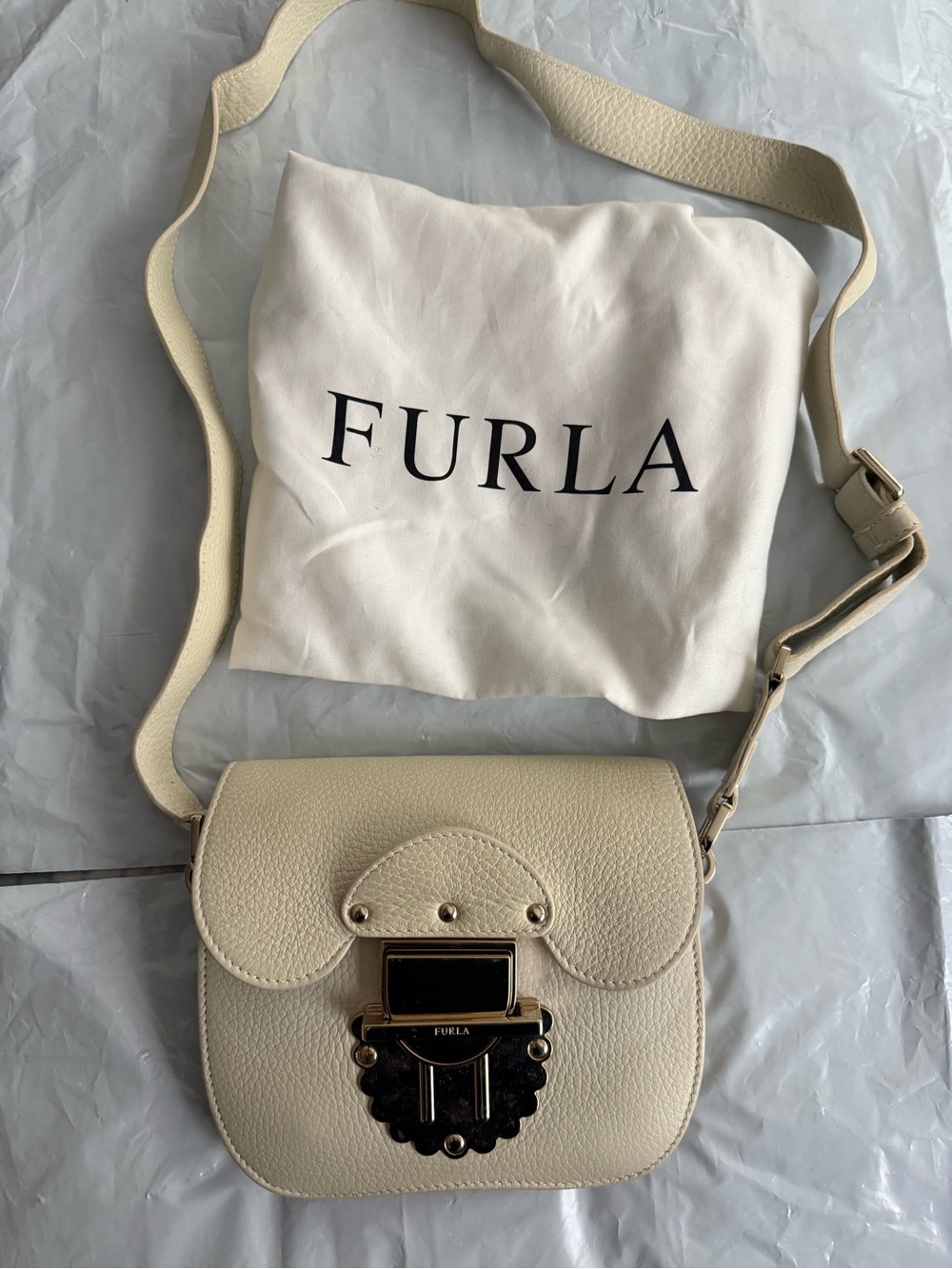 Furla Ivory Pebbled Leather Crossbody with Gold-Tone Lock
